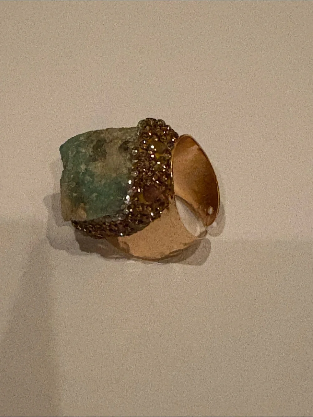 Raw Green Stone Statement Cuff Ring Gold Tone Crystal Pave Adjustable